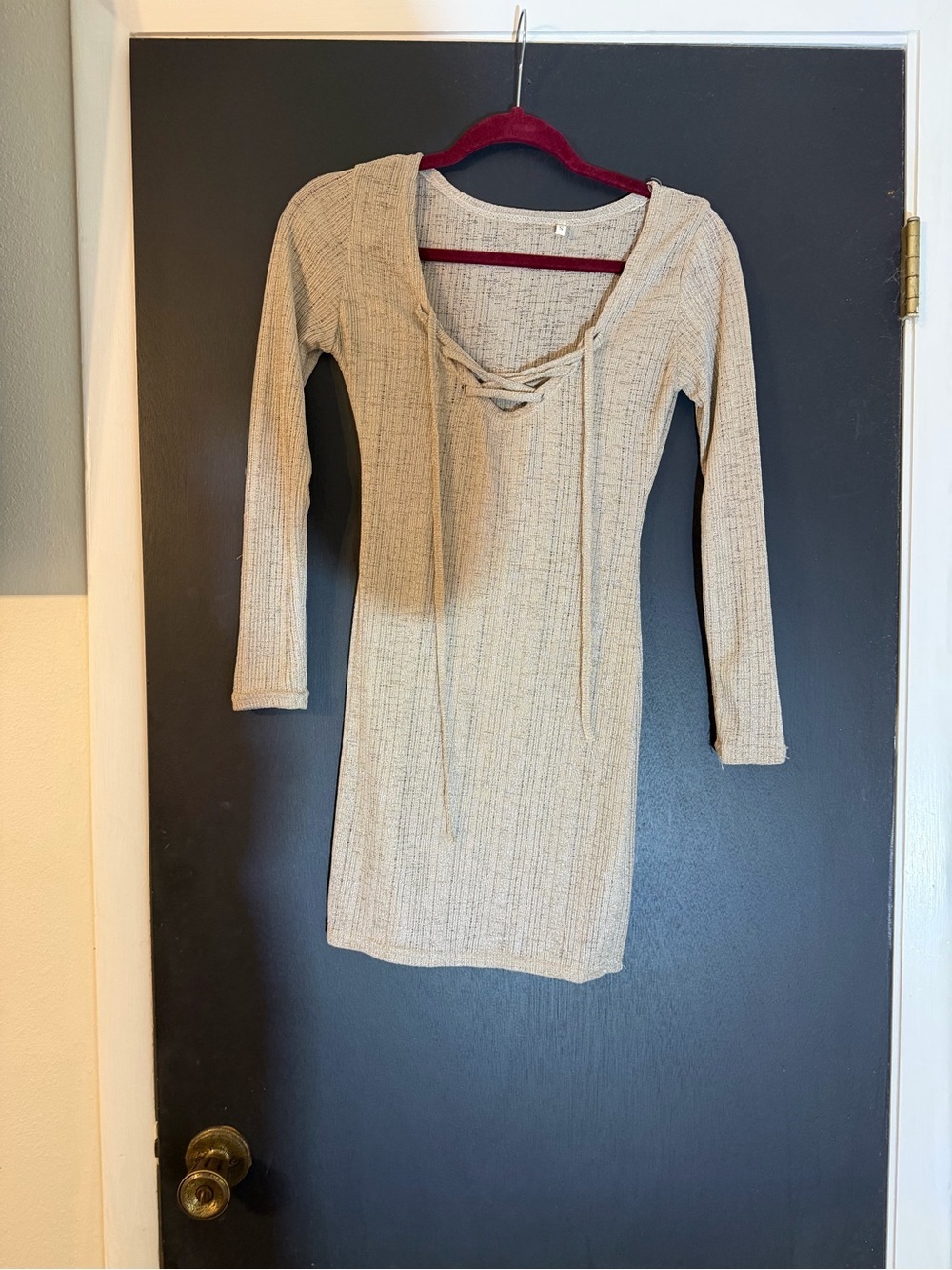 Long Sleeve Beige Ribbed Knit Bodycon Dress small